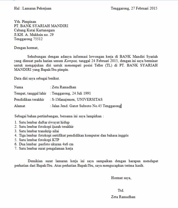 Contoh Surat Lamaran Kerja di Bank Mandiri