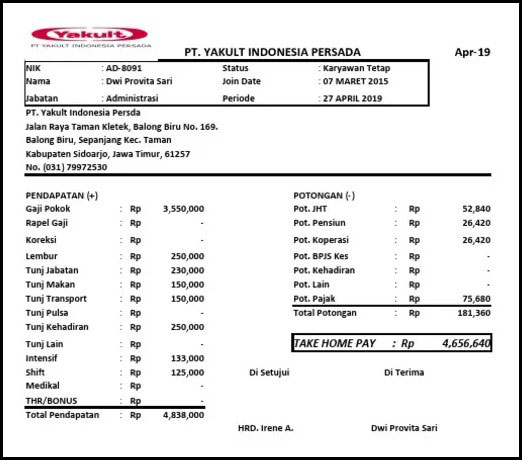 Slip Gaji PT Yakult Indonesia Persada