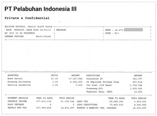 Contoh Slip Gaji Karyawan Pelindo