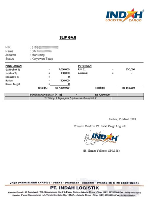 Slip Karyawan Gaji Indah Cargo