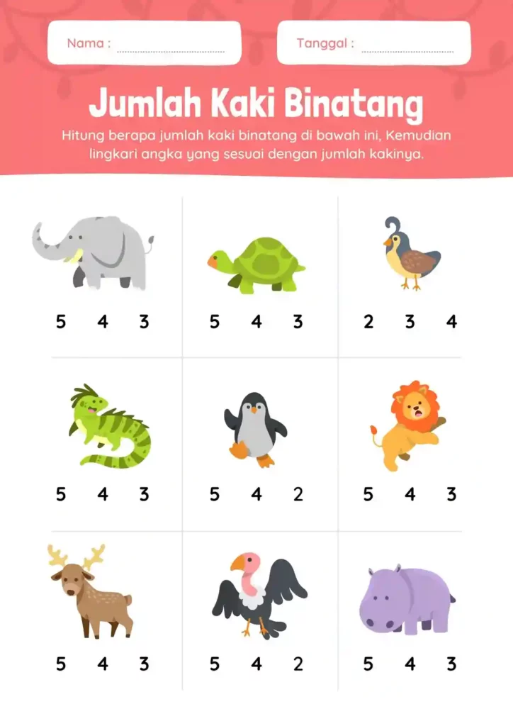 contoh lembar kerja anak tema binatang